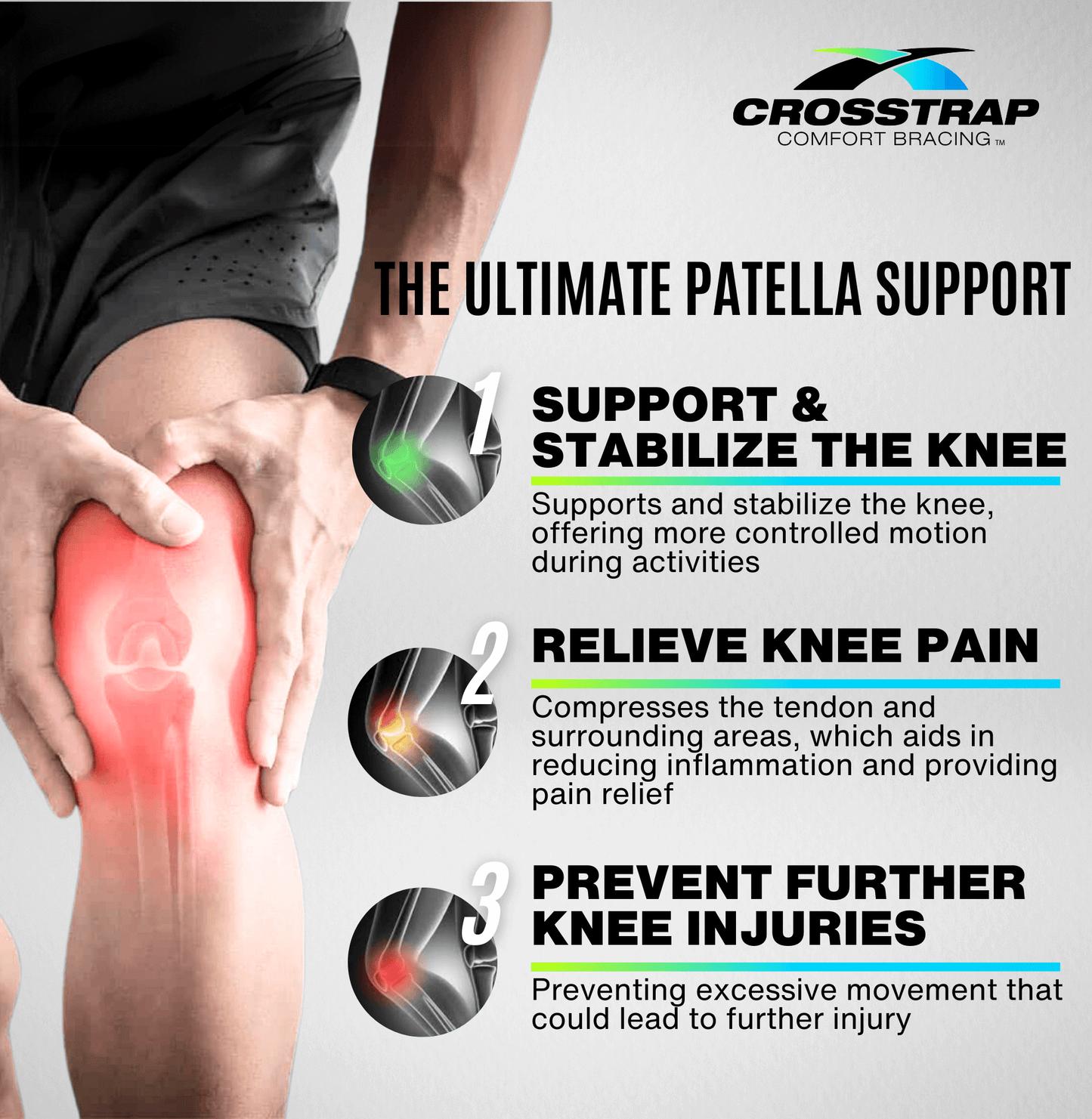 Crosstrap - Adult Black Stabilizing Knee Patella Pain Relief Straps For Exercise, Patella Tendon Strap